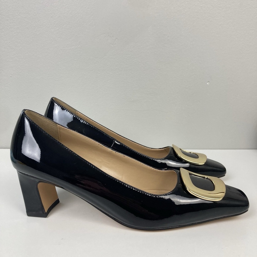 Ann Taylor Black Patent Leather Block Heel Buckle Pumps 857895 Womens 9.5 M